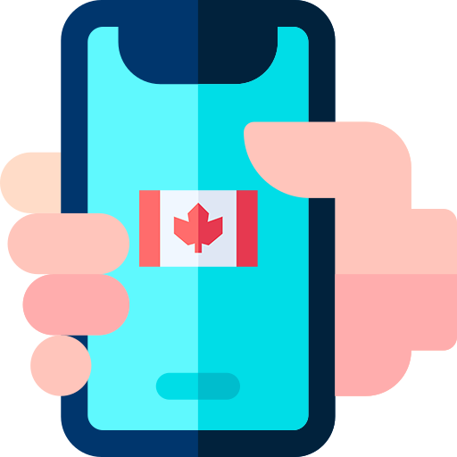 A hand holding a smartphone with a canadian flag in the display